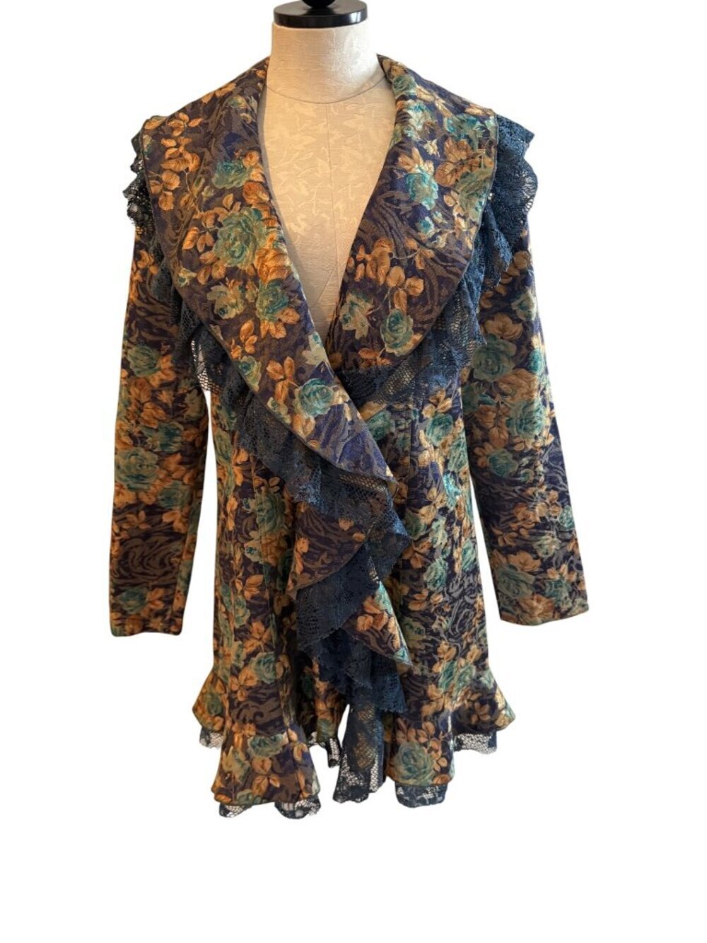 Rossi Roma Womens Floral Lace Coat Jacket Size Large Ruffle Trim Italian Vintage - Picture 9 of 13